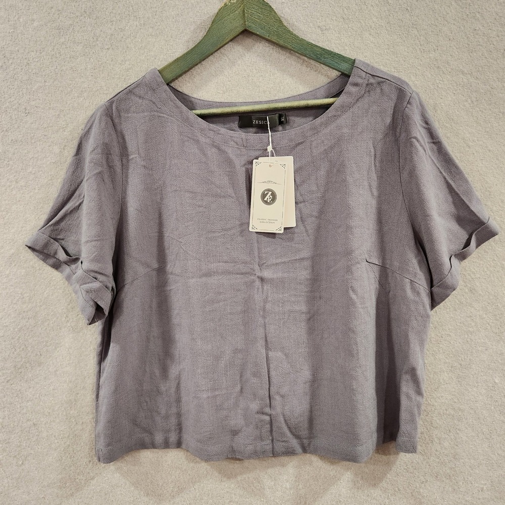 ZESICA Linen Short Sleeve Crop Top High Waist‎ Pants Lounge Set Women's XL Gray - Picture 3 of 16